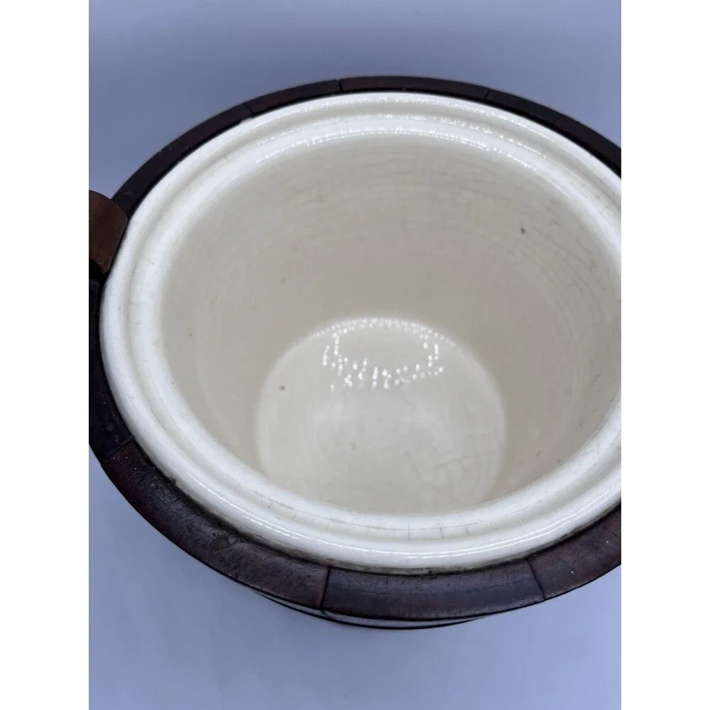 Antique Primitive Porcelain Lined Biscuit/Tobacco Jar/Ice Bucket Wooden Barrel
